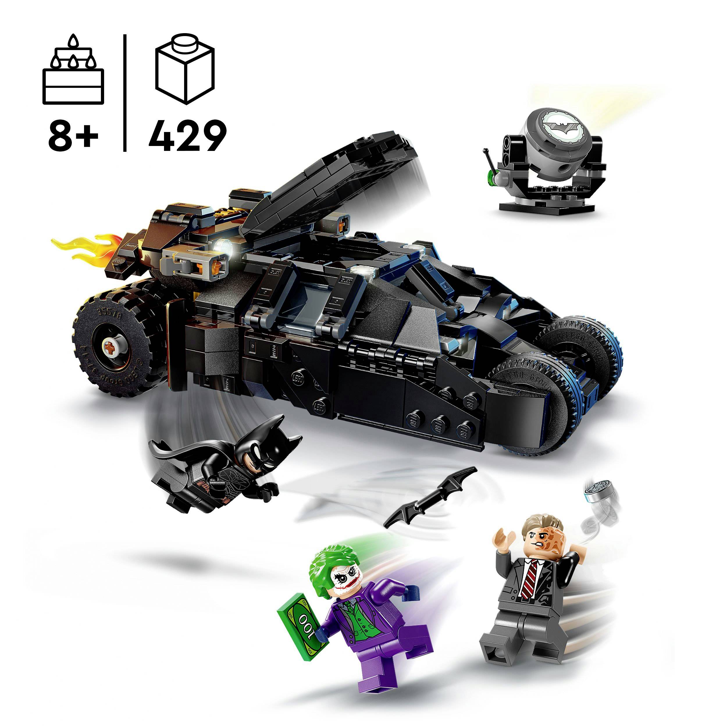 LEGO Set 'The Tumbler' with Batman and Joker minifigures, recommended for ages 8 and up, 429 pieces.