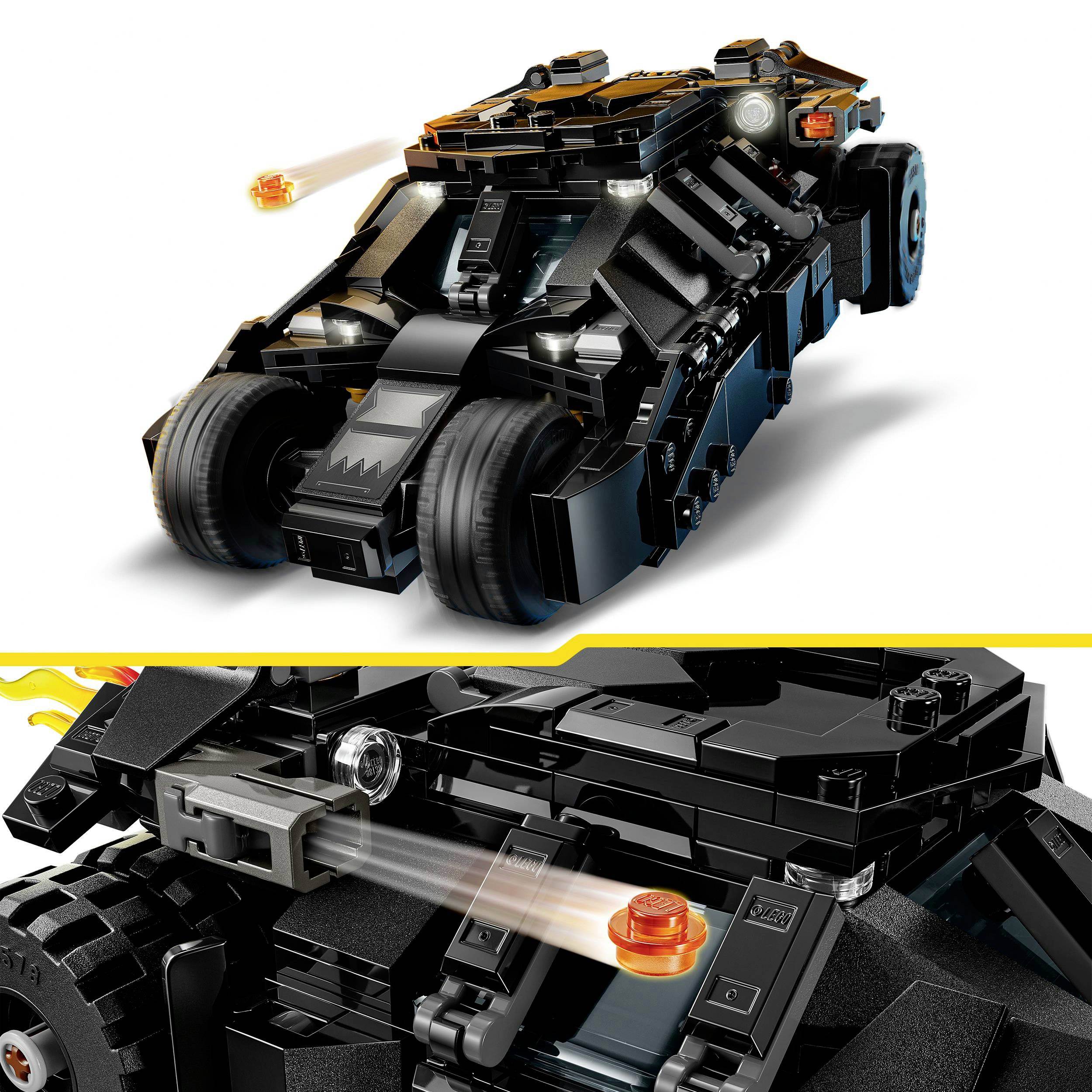 A black, intricately detailed LEGO model of a futuristic vehicle with orange accent parts and two large front wheels.