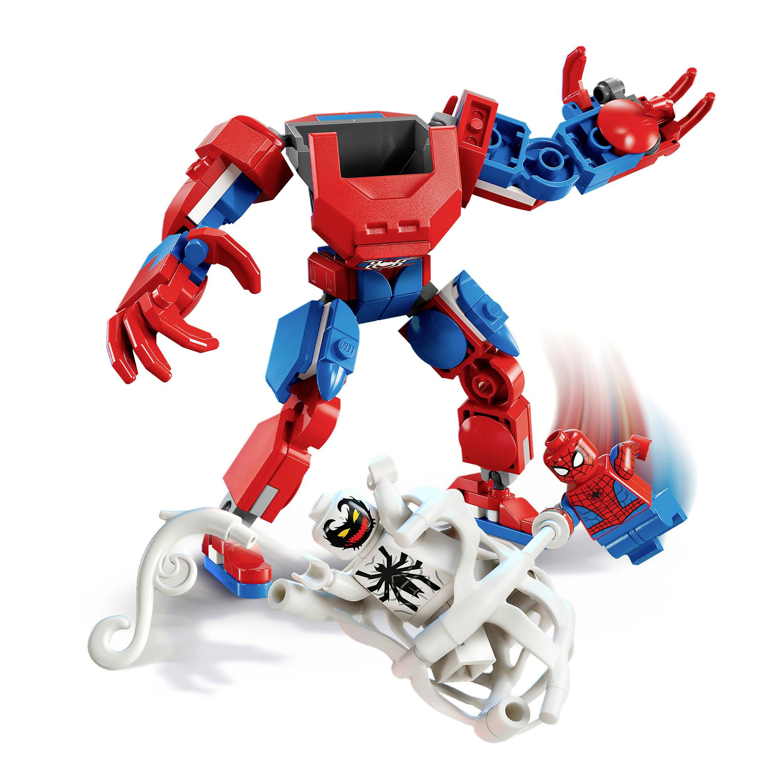A red and blue robot made of building blocks lifts a white figure, while a small red figure with net wings flies alongside.