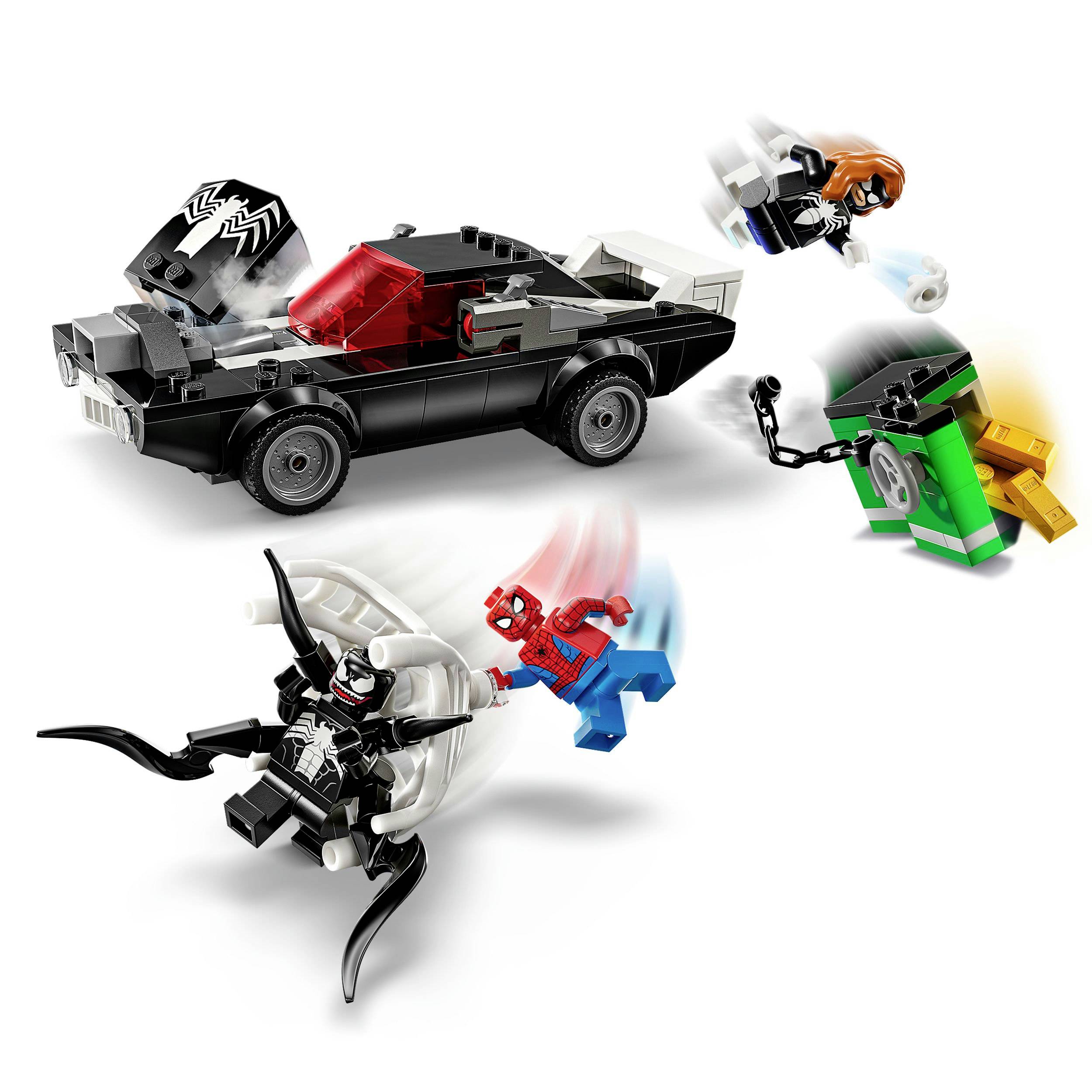 Several small LEGO figures and vehicles depict a superhero battle. Figures are in dynamic poses with accessories.