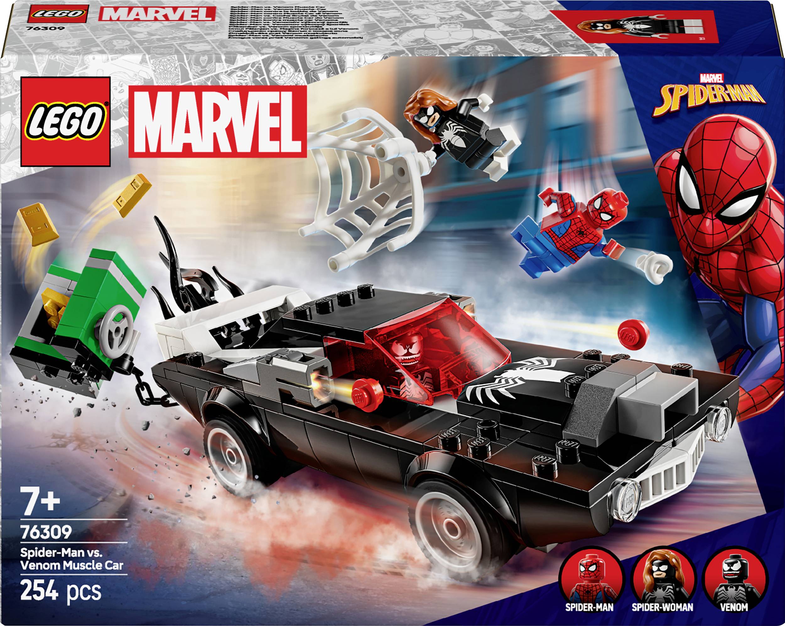 LEGO Set 'Marvel Spider-Man versus Venom Muscle Car', featuring a car with Spider-Man and Venom figures, 254 pieces, suitable for ages 7 and up.
