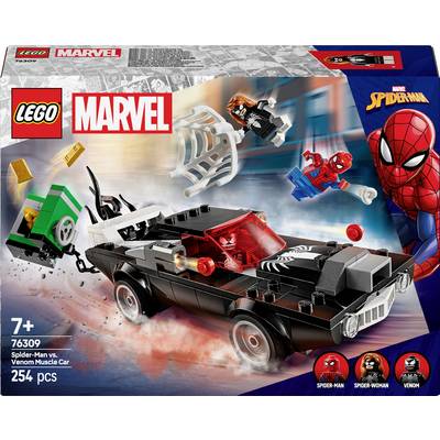 LEGO Set 'Marvel Spider-Man versus Venom Muscle Car', featuring a car with Spider-Man and Venom figures, 254 pieces, suitable for ages 7 and up.