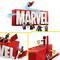 LEGO figures are building the letters 'MARVEL' out of red bricks. Iron Man is flying above, whilst other heroes are working on different letters.