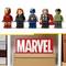 Lego figurines of superheroes stand side by side: Iron Man, Black Widow, Captain America, Thor and Hulk. Beneath them is the 'Marvel' logo.