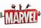LEGO superhero figures stand on a large, red shield with the inscription 'MARVEL'.