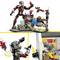 LEGO set depicts superheroes and villains battling on a futuristic platform with glowing elements and figures in action.