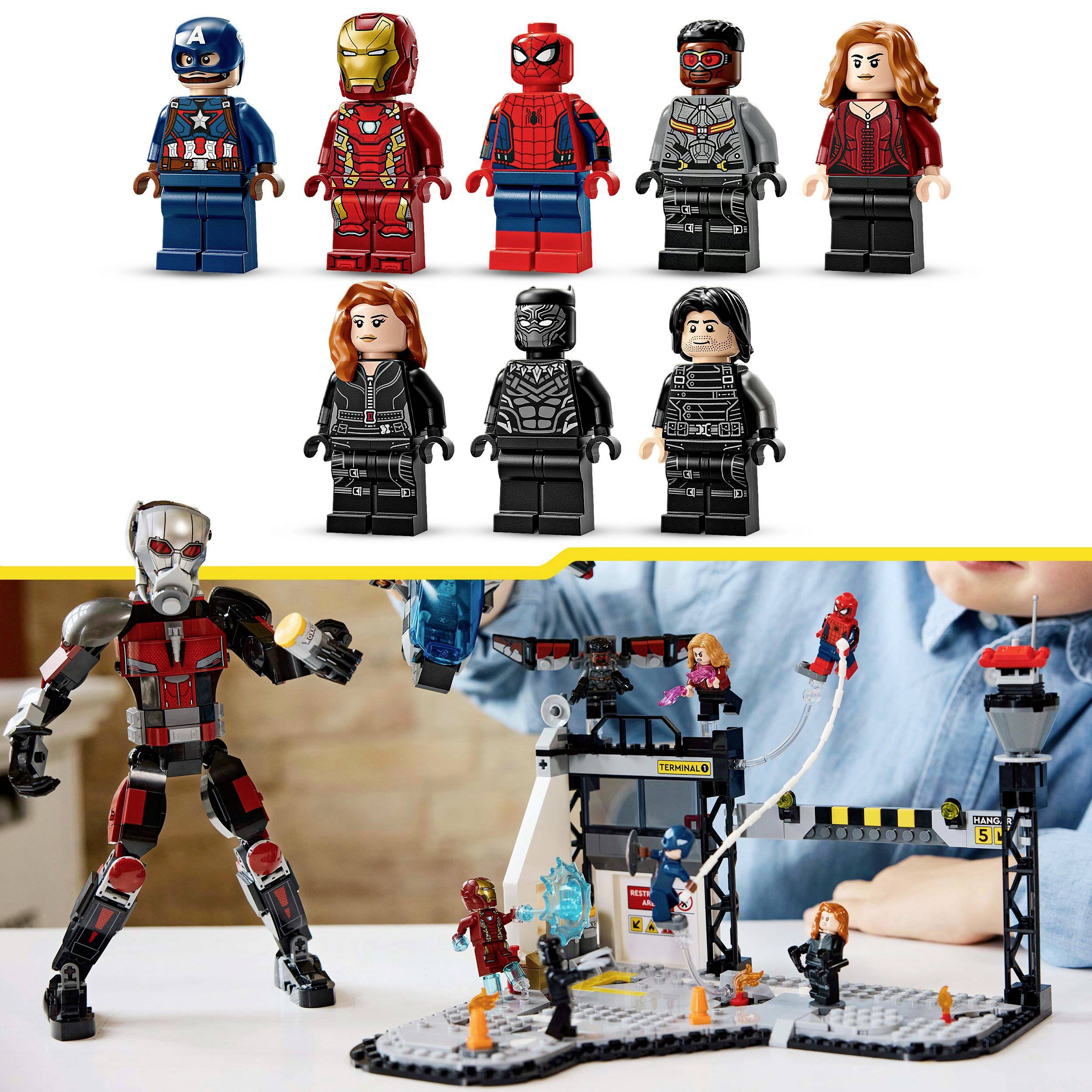 Lego minifigures in superhero costumes and a child playing with an action scene. Figures: Captain America, Iron Man, Spider-Man, and more.