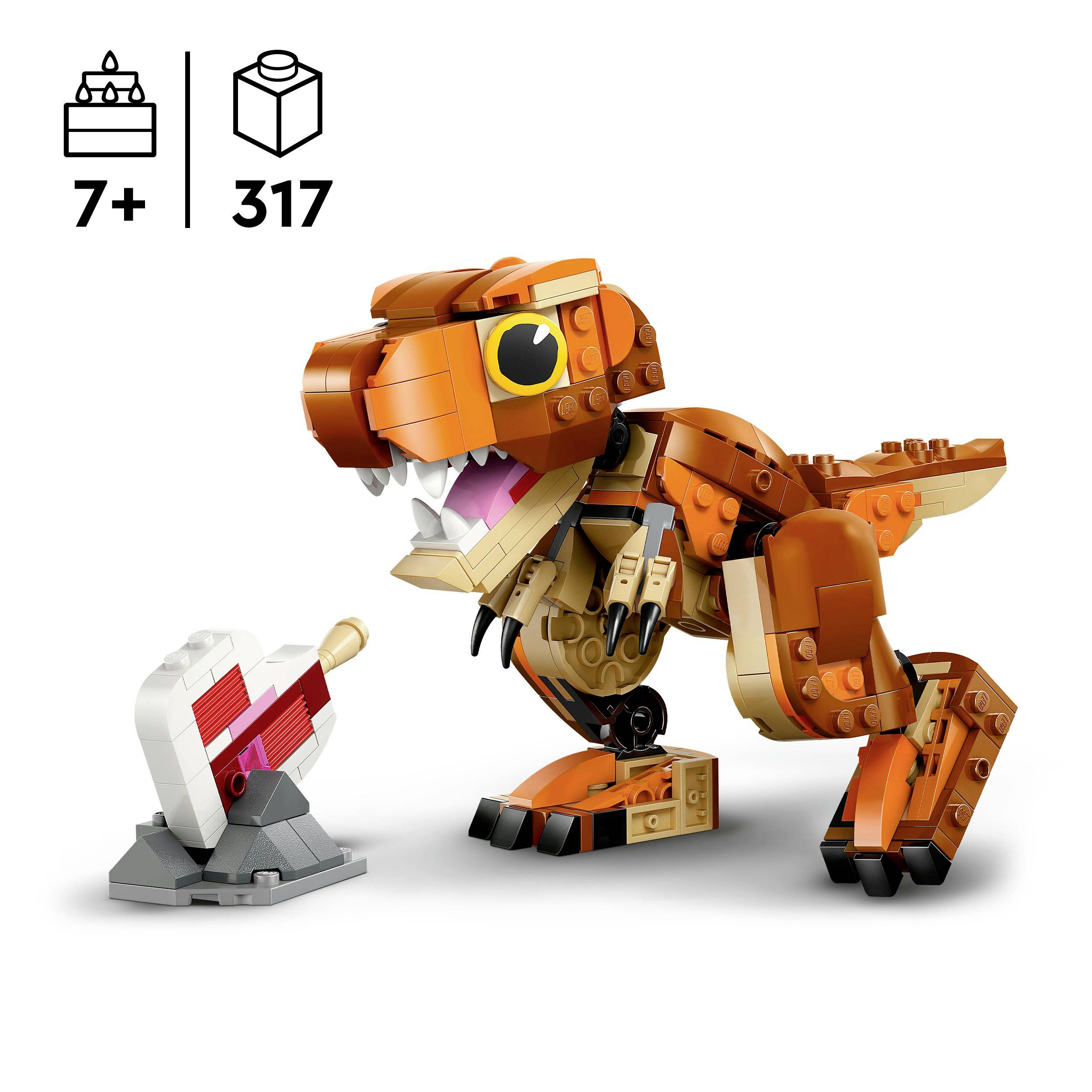 A brown dinosaur made from 317 building blocks, recommended for ages 7 and up. The dinosaur stands on four legs and has a movable jaw.