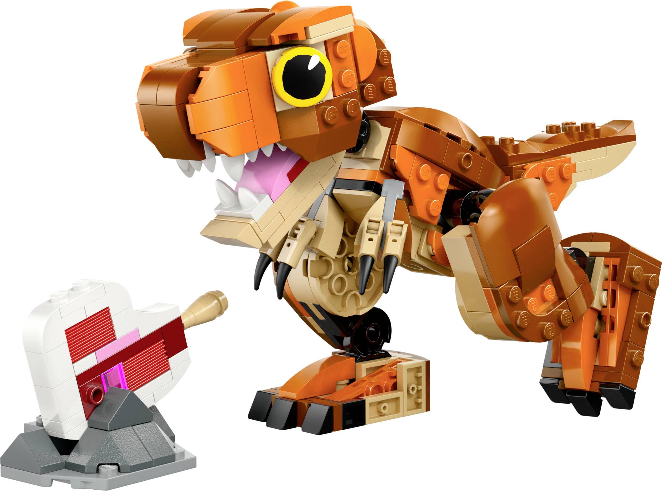 An orange, brick-based dinosaur stands next to a heart resting on a small stand.