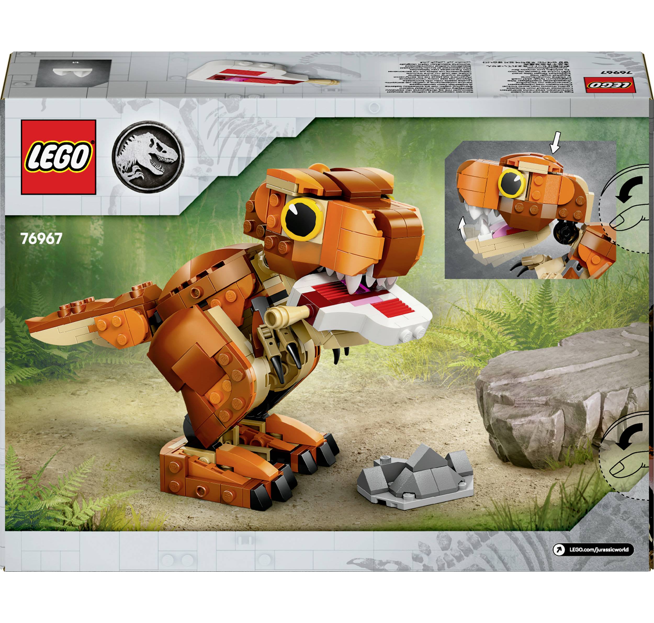 LEGO set with a dinosaur theme. Depicts a buildable, orange dinosaur made from bricks and a silver egg in the foreground.