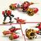 Robot toy made from building blocks with a red and yellow design. Main robot at the centre, smaller figures and vehicles in the surrounding area.