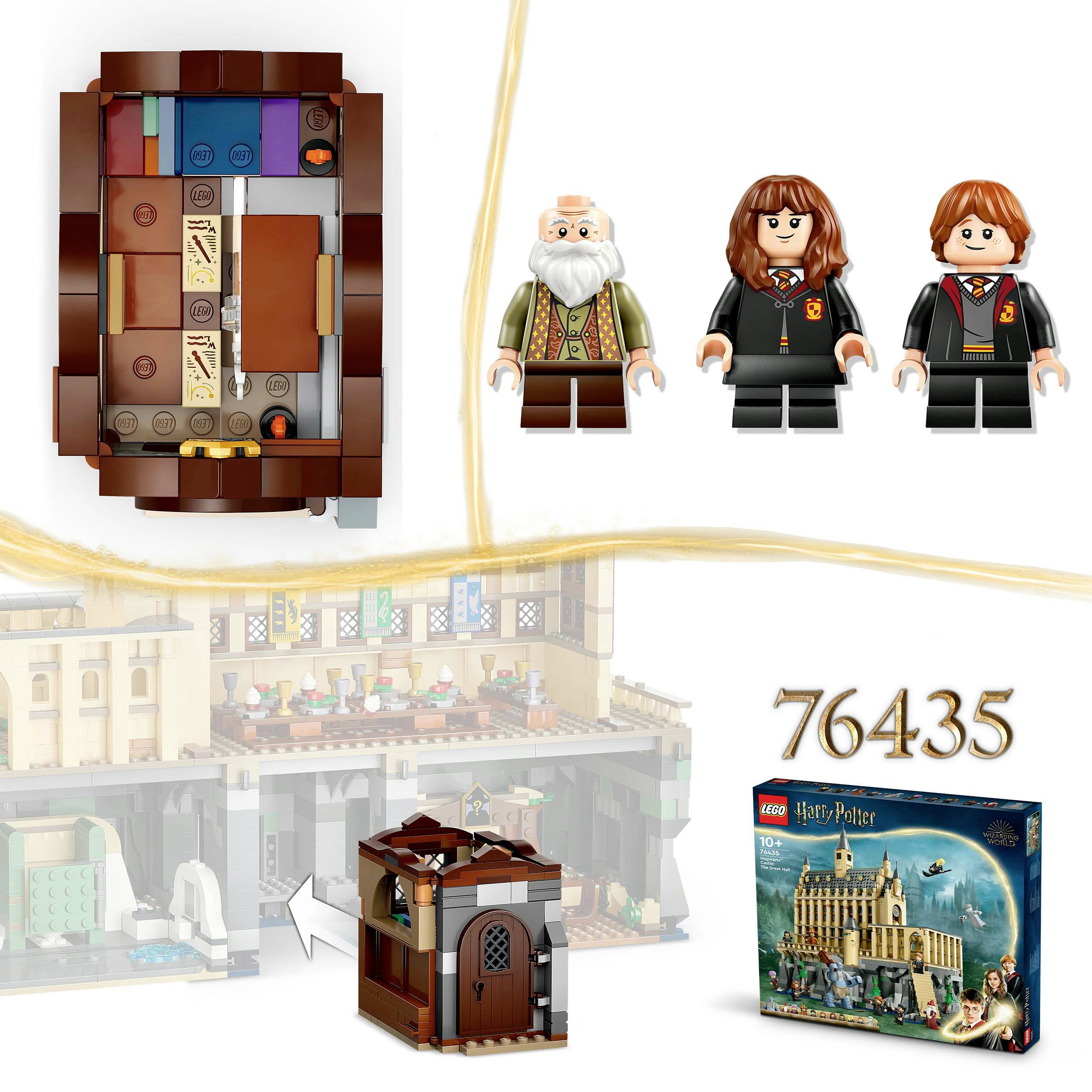 'LEGO Harry Potter Set 76435: Includes figures of Dumbledore, Hermione and Ron. Representation of Hogwarts rooms and packaging.'