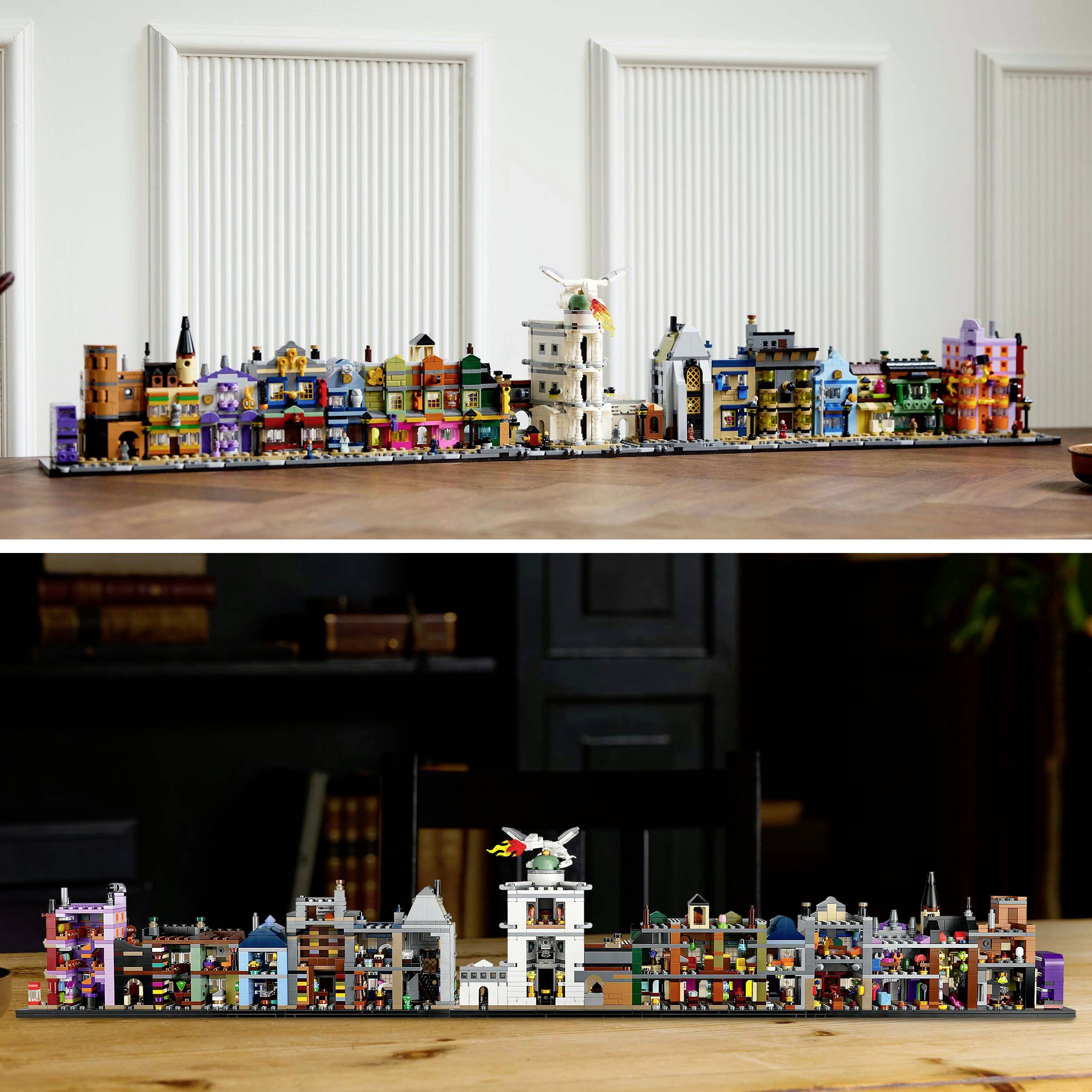 A model made of colourful building blocks depicts a long street scene with various buildings, including well-known landmarks.