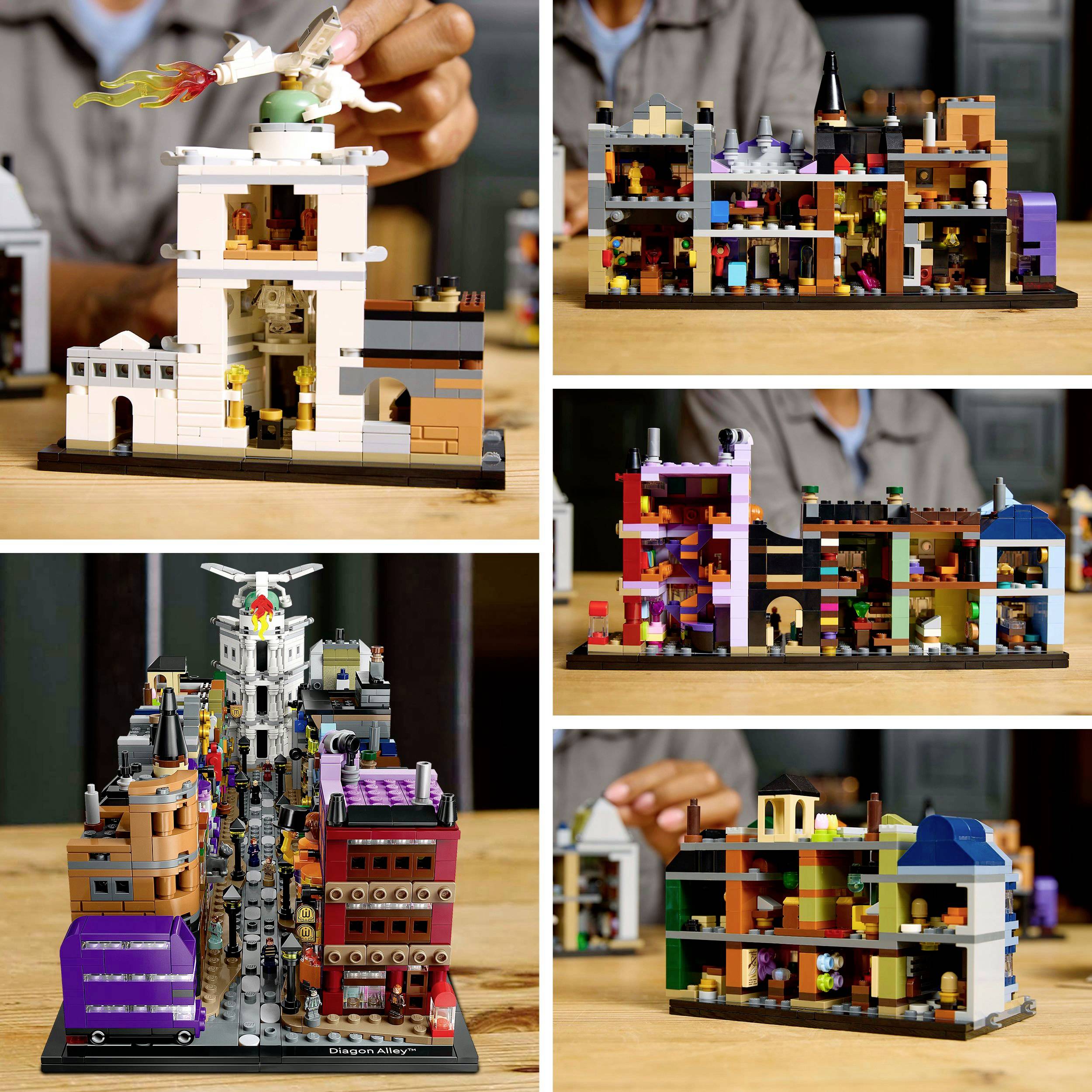 A person is constructing a complex Lego city model with intricately detailed buildings and vehicles on a table.