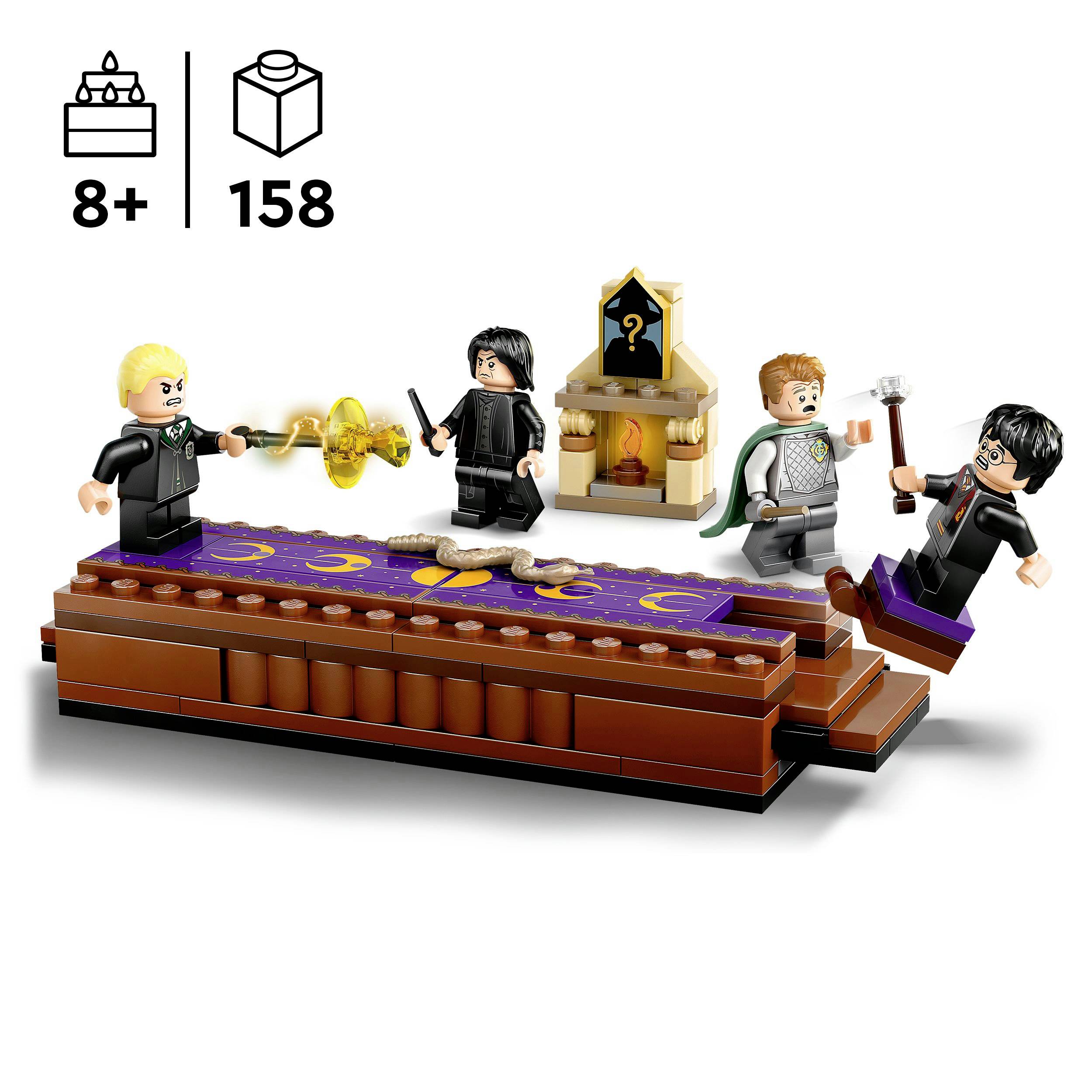 Lego Set with four figures depicting a magical scene. Includes a stone lectern and symbols for spells. Suitable for ages 8 and above.