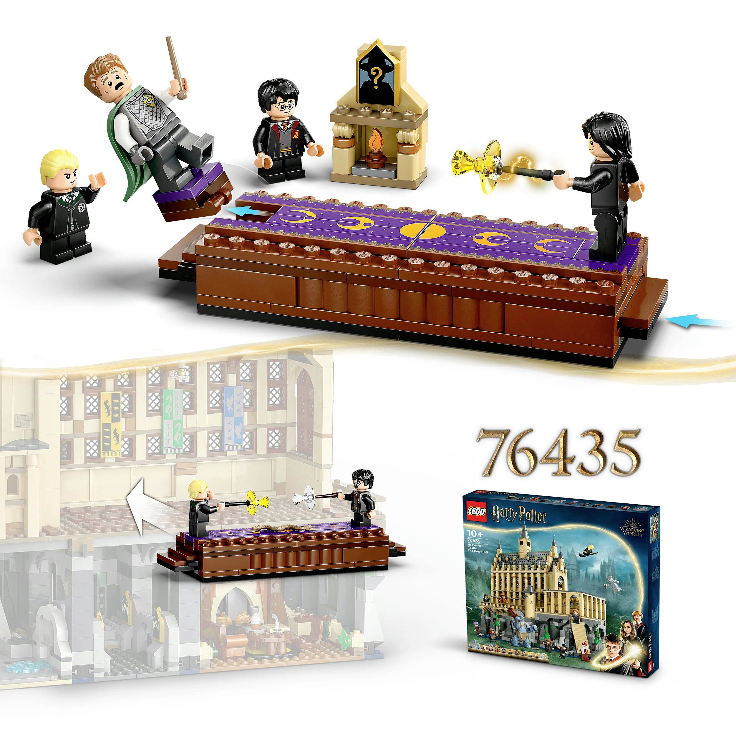 'Lego set featuring scenes from Hogwarts, with figures of students and a teacher in magical poses. Box number 76435 is visible.'