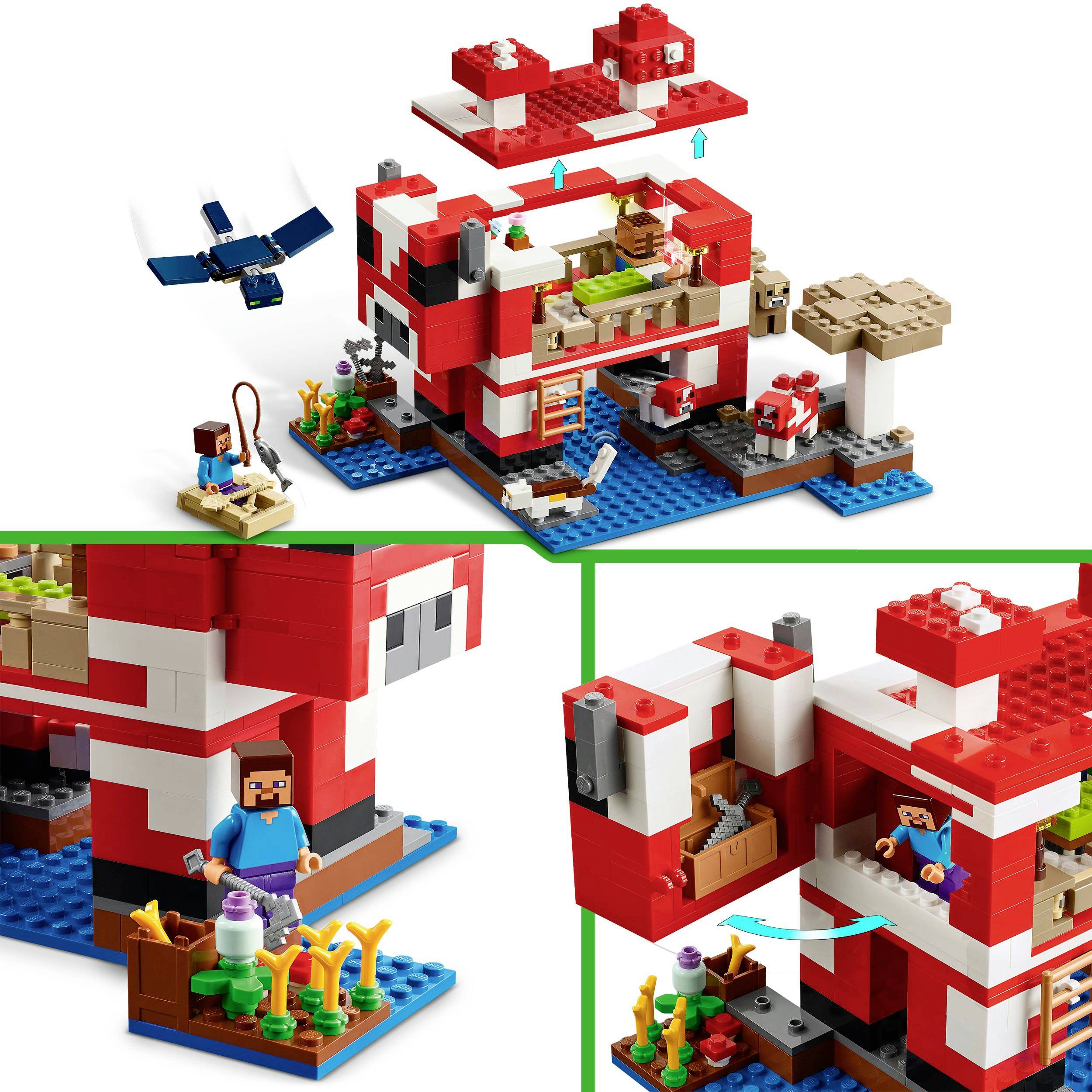 Lego set featuring a red and white farmhouse, with minifigures, plants, and animals. Upper area is open, includes a small living space.
