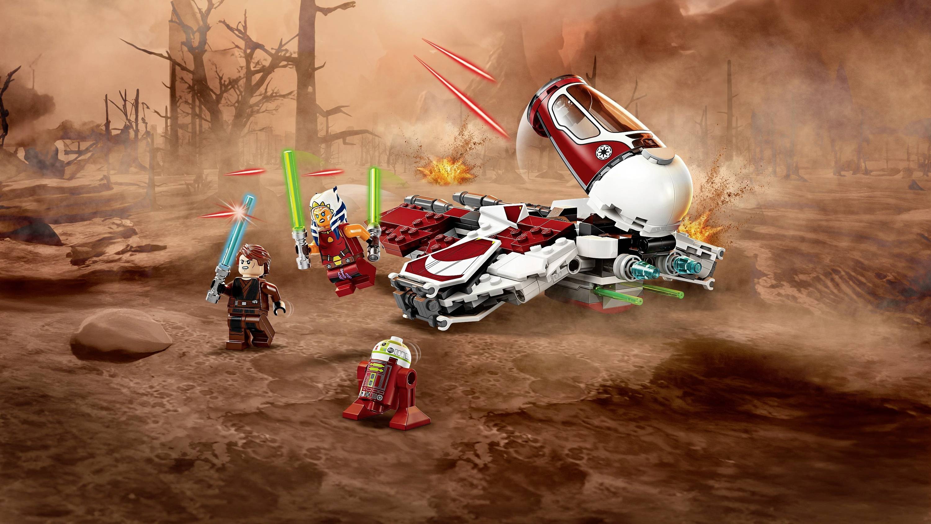 Two LEGO figures with laser weapons stand beside a crashed spacecraft on a barren, smoky battlefield.