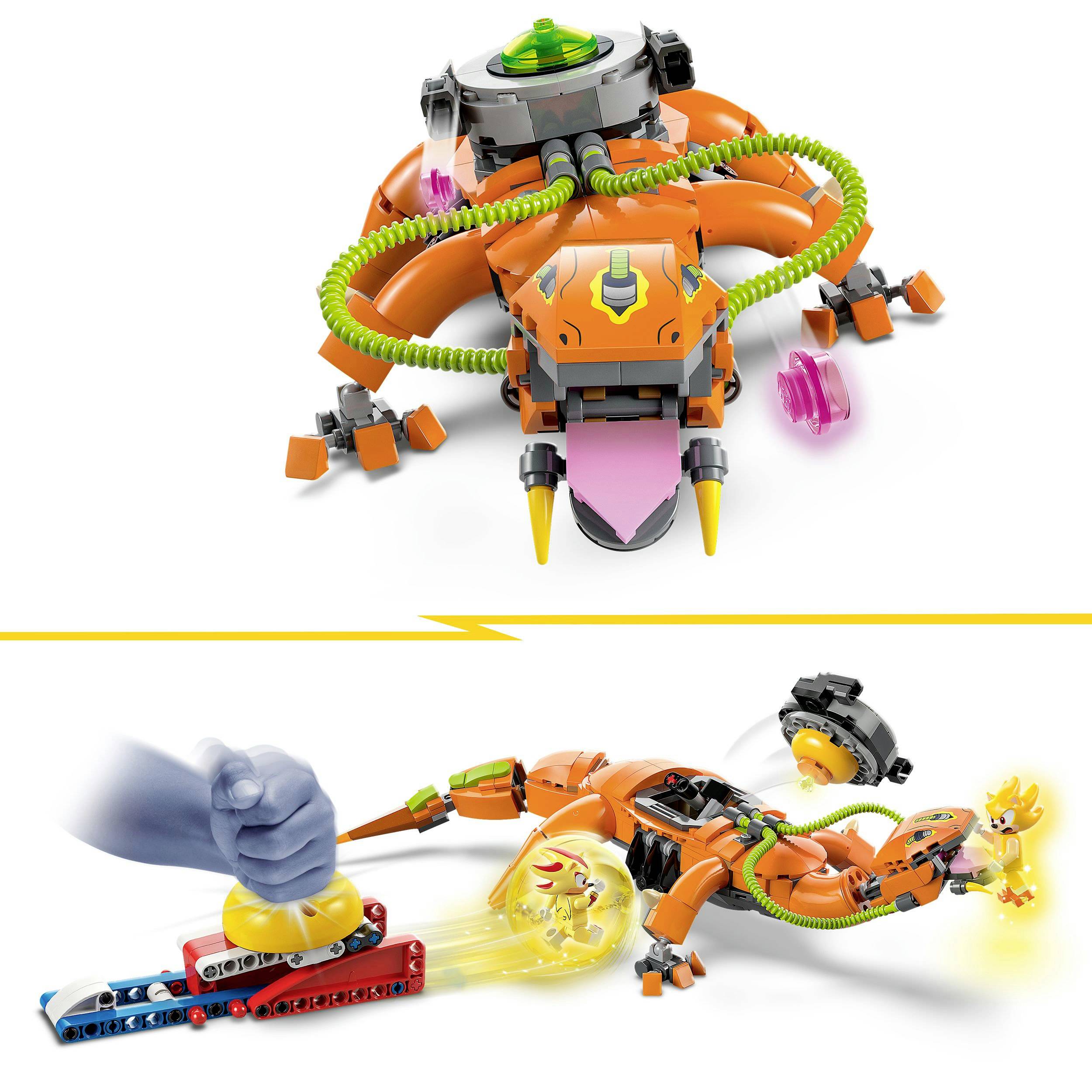 'Orange LEGO robotic creature with tubes and movable parts, moulding into various creative positions.'