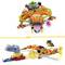 'Orange LEGO robotic creature with tubes and movable parts, moulding into various creative positions.'