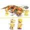 Three yellow Lego figures in animal costumes stand in front of a large, orange Lego robot. One figure is holding a green cable.