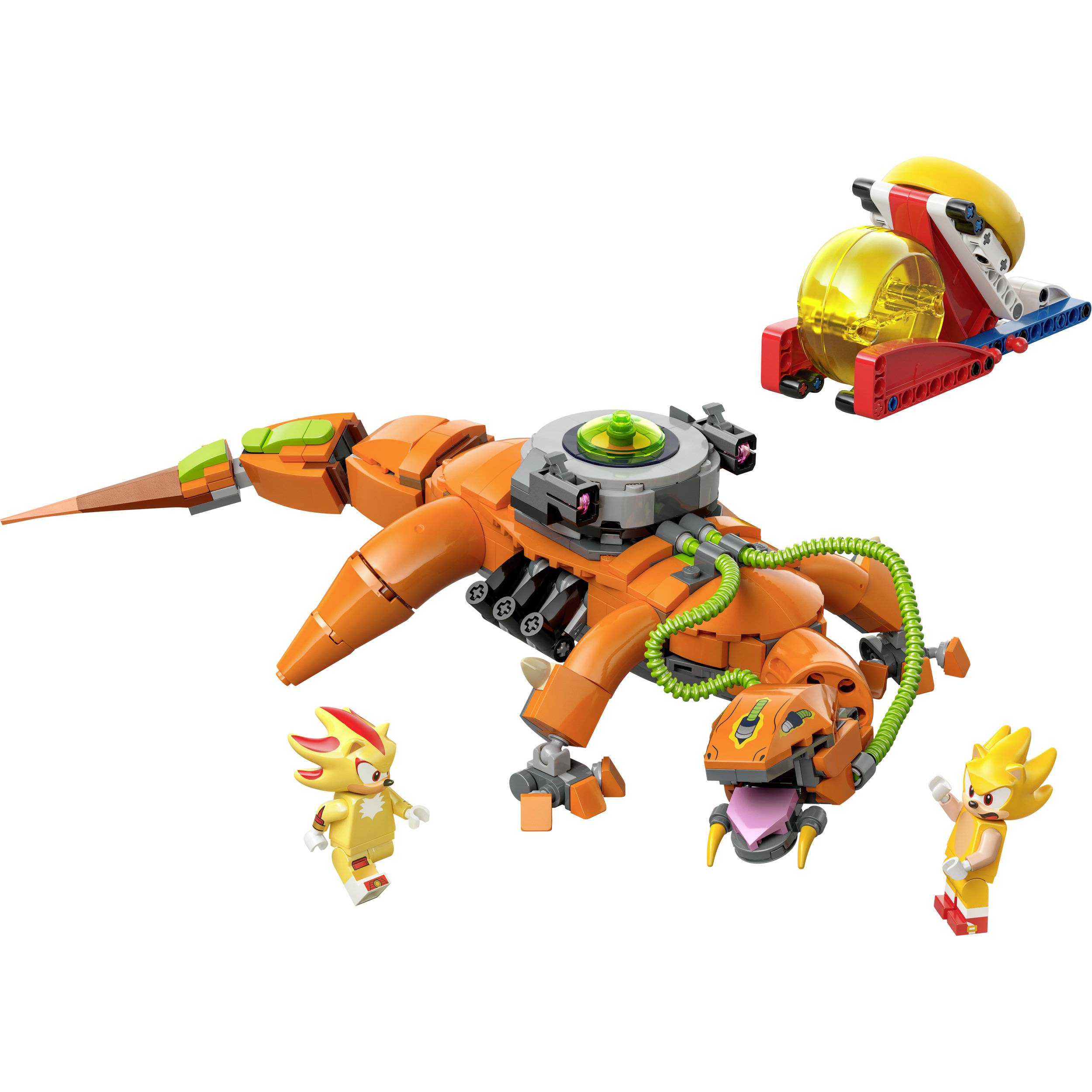 An orange LEGO robot in the shape of a dinosaur is accompanied by two small LEGO figures. A LEGO vehicle is visible in the background.