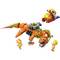 An orange LEGO robot in the shape of a dinosaur is accompanied by two small LEGO figures. A LEGO vehicle is visible in the background.