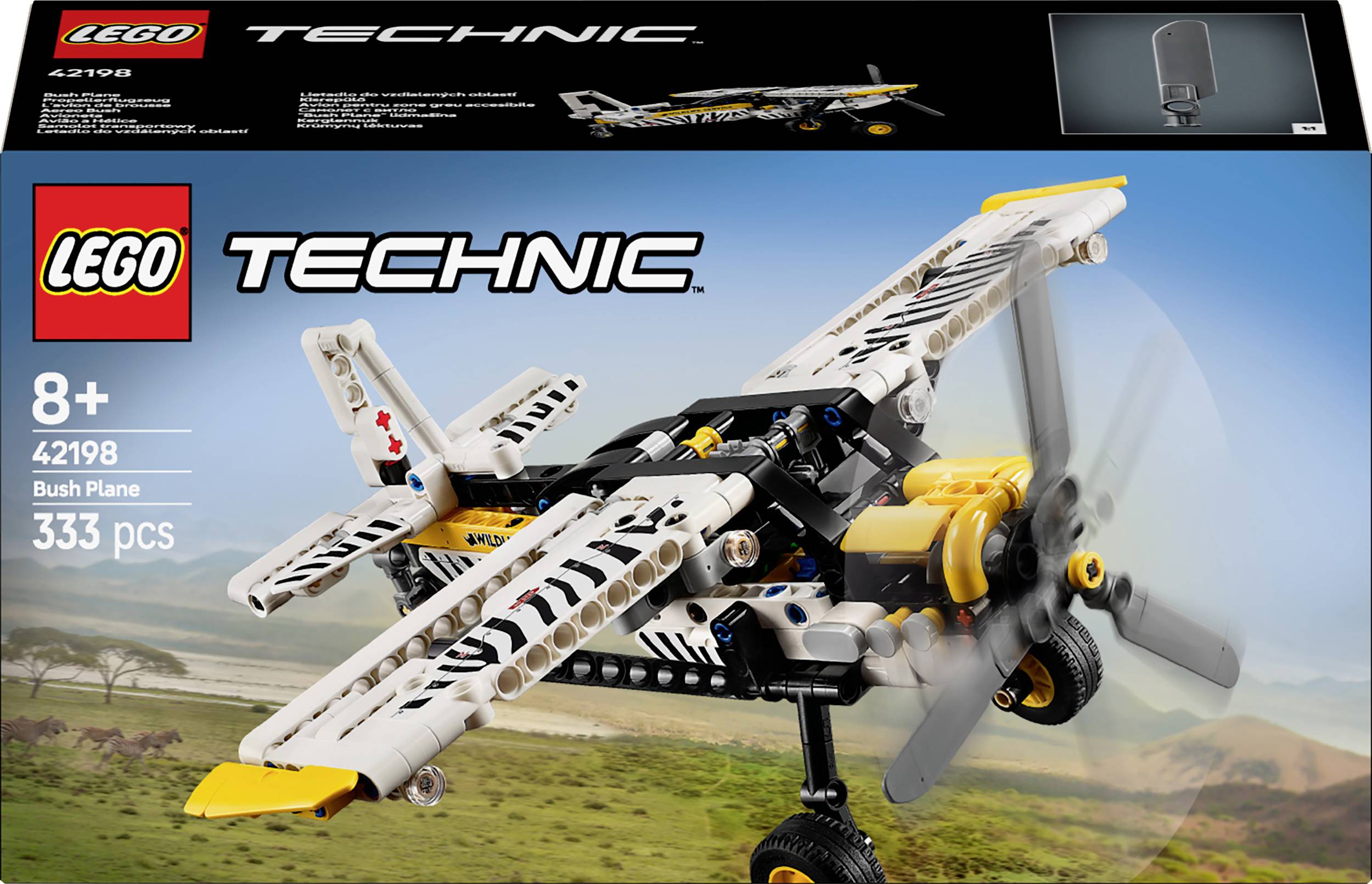 LEGO Technic Set 42198: Model of a Bush Plane with Propeller. Contains 333 pieces. Packaging shows aircraft against landscape. Suitable for ages 8 and up.