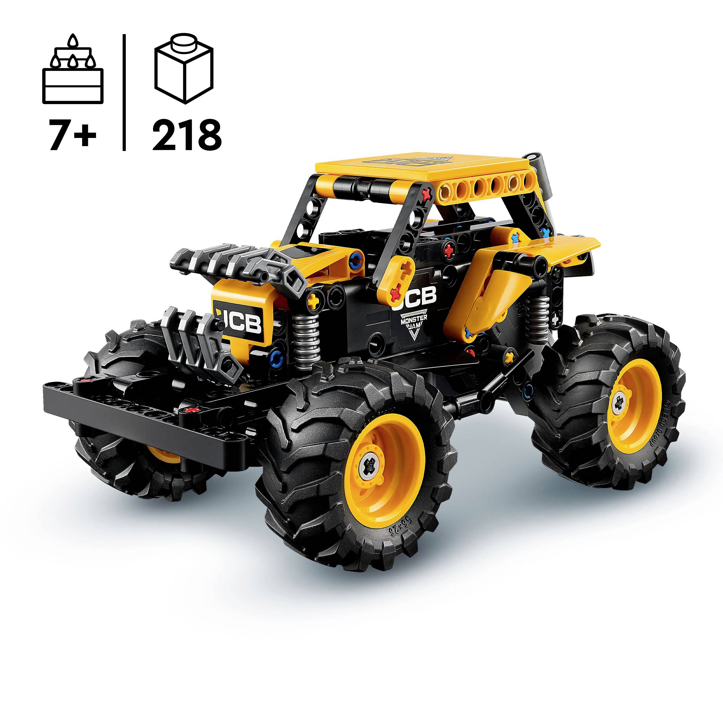 A yellow and black toy off-road vehicle model made of building blocks, for children aged 7 and above, with 218 pieces.