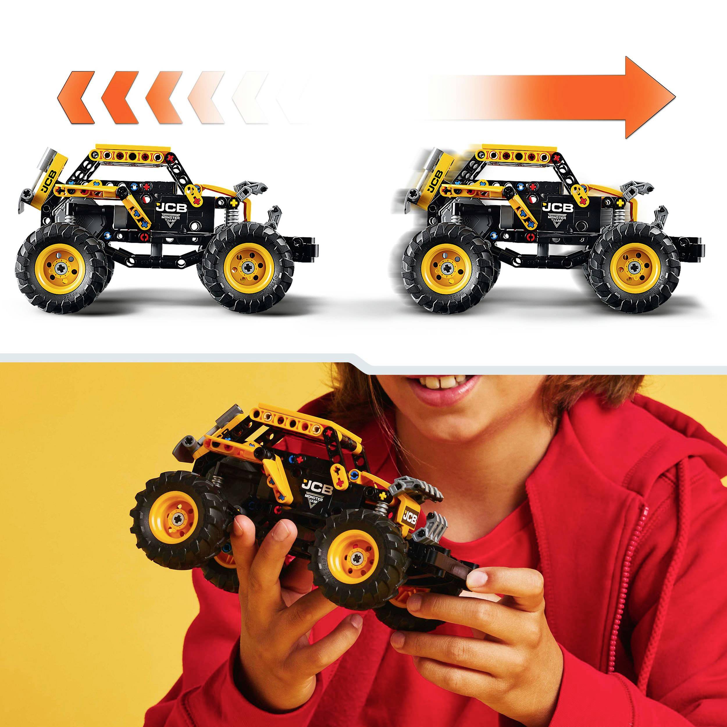 A child is holding a constructed toy car made from building blocks with a construction worker design; text about the vehicle's movement.