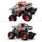 A remote-controlled toy car in monster truck style with large tyres and an aggressive design; coloured red and grey.