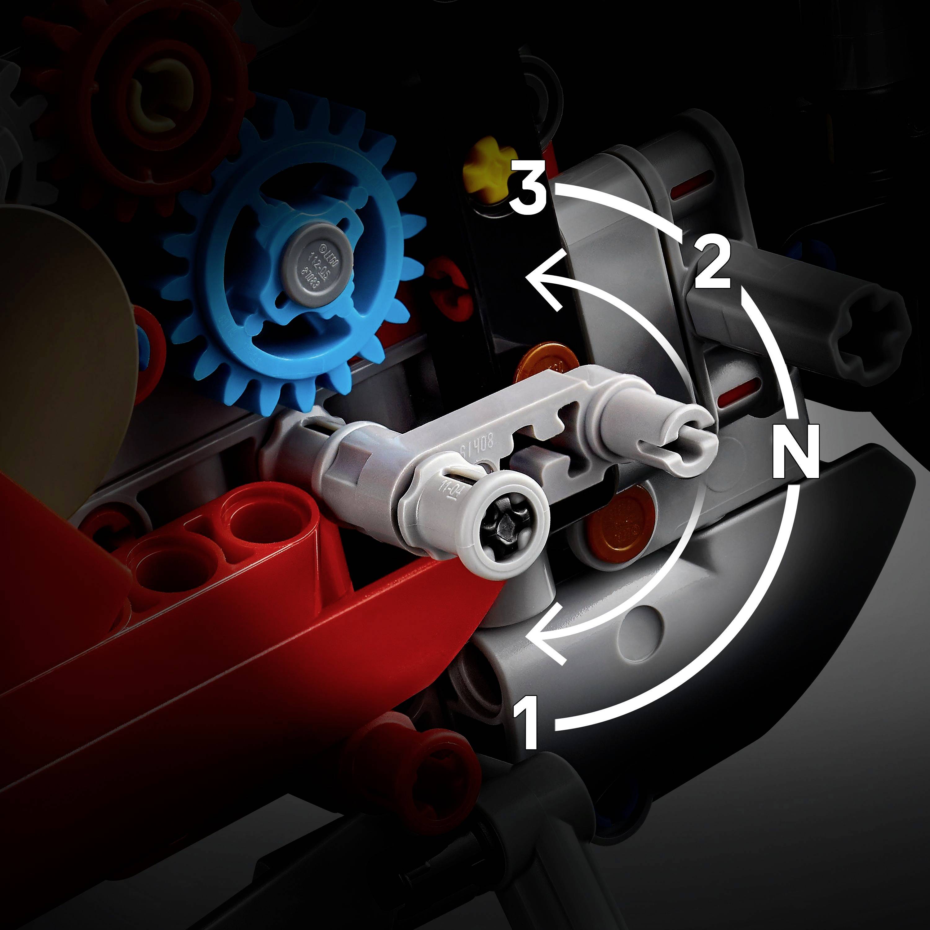 Close-up of a model with gears and rotational axes, numbered from 1 to 3, showing step 'N' of a mechanical assembly.