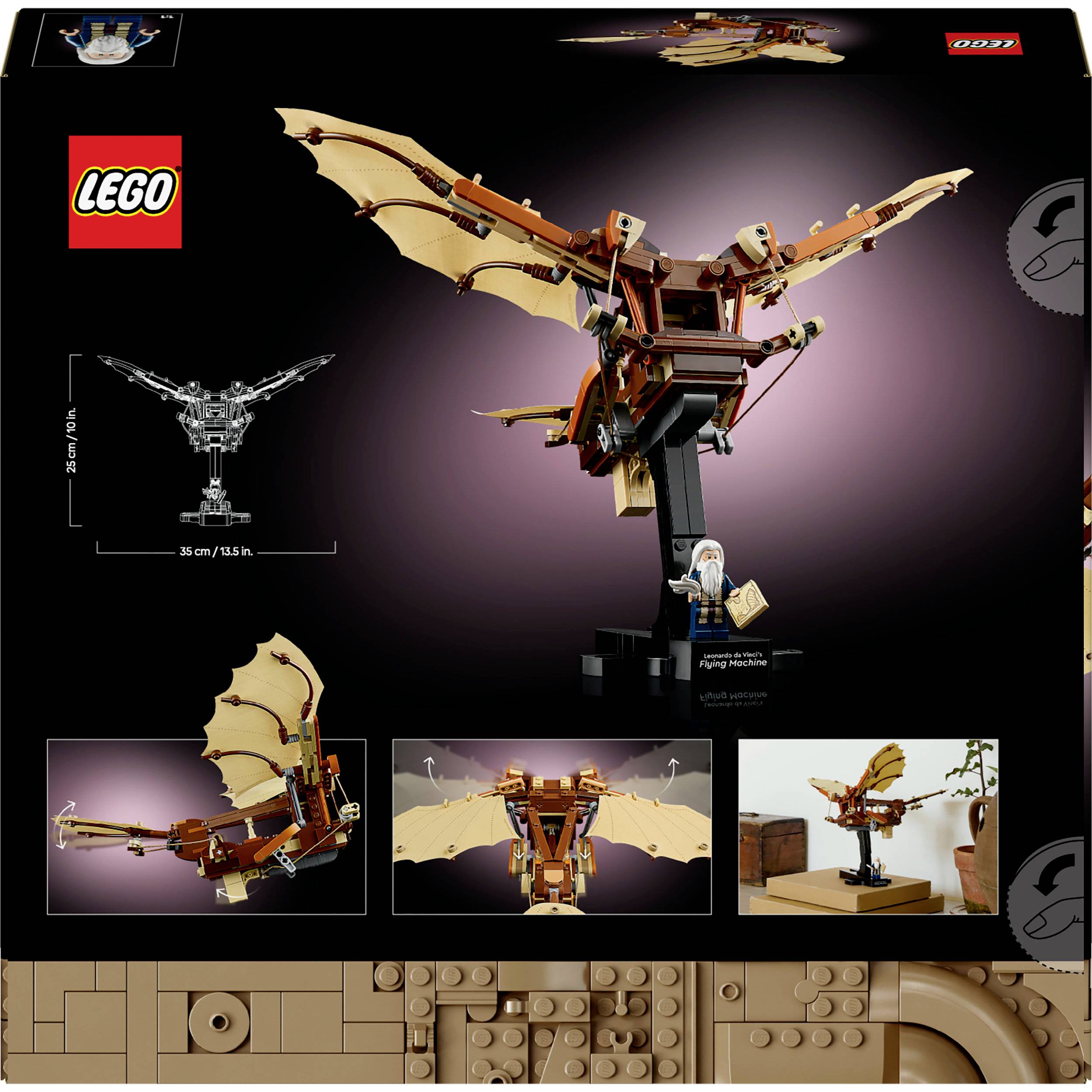 LEGO set featuring a buildable Steampunk-style flying machine. Includes detailed wings and mechanical components. Packaging displays dimensions and construction manual snippets.