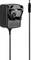 Black power adaptor with plug and cable, next to a safety warning on the front. Suitable for electronic devices.
