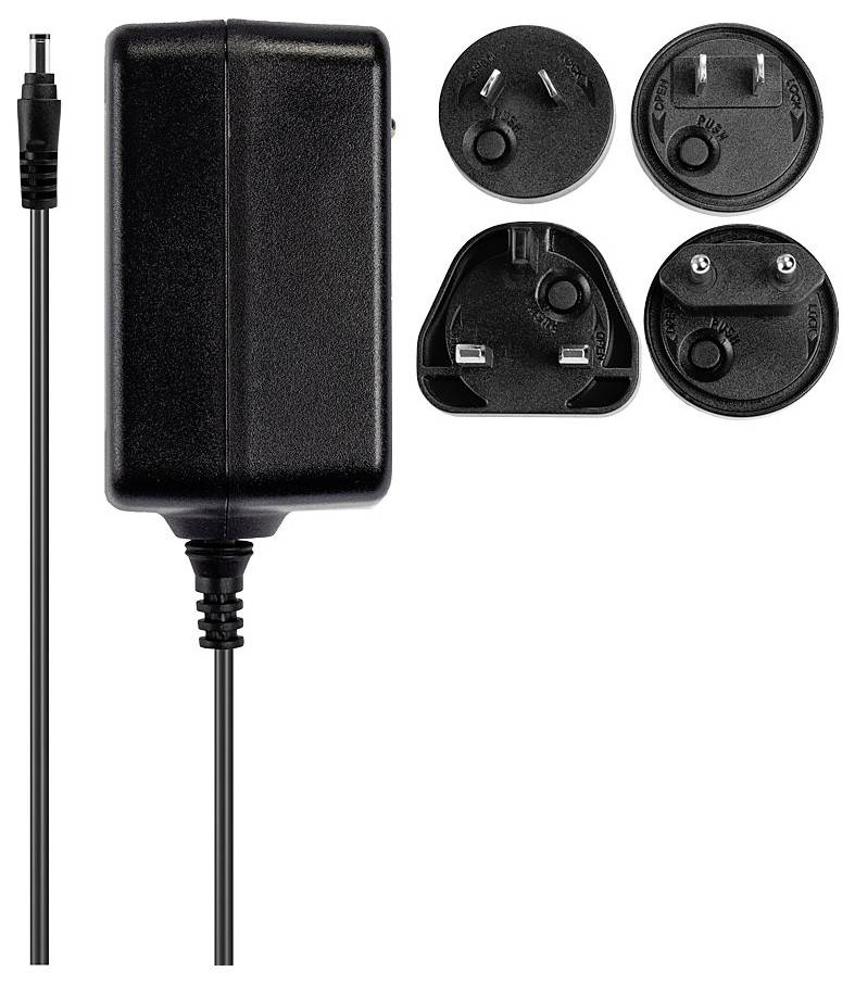 A black power supply with four different, interchangeable adapter plugs for international power sockets.