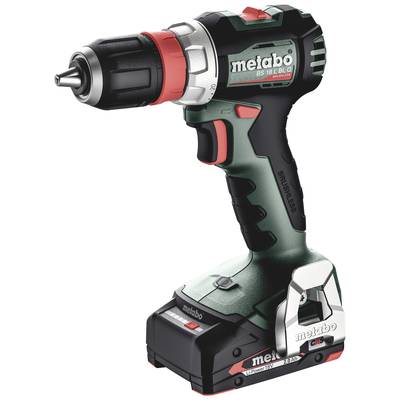Cordless battery drill driver in black and green, Metabo brand, with red and black handle, compact and portable.