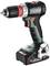 Cordless battery drill driver in black and green, Metabo brand, with red and black handle, compact and portable.