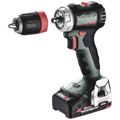 Cordless drill 'Metabo BS 18 LT BL' with removable drill head, green and black, handheld power tool for screwing and drilling tasks.