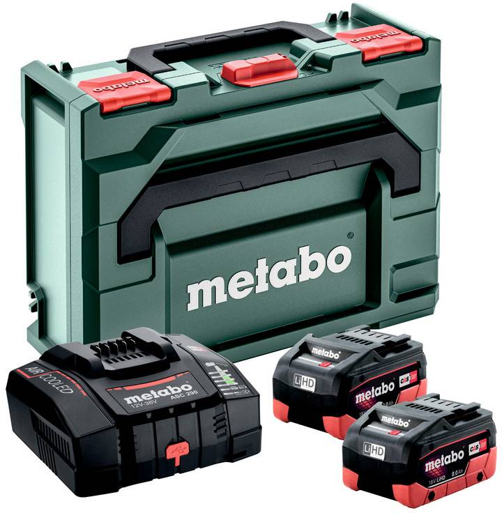 Metabo battery tool set with green carrying case and three rechargeable battery packs, shown on a white background.