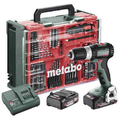 Cordless drill set with drill machine, charging station and various drill and screwdriver attachments in a carry case.