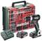 Cordless drill set with drill machine, charging station and various drill and screwdriver attachments in a carry case.