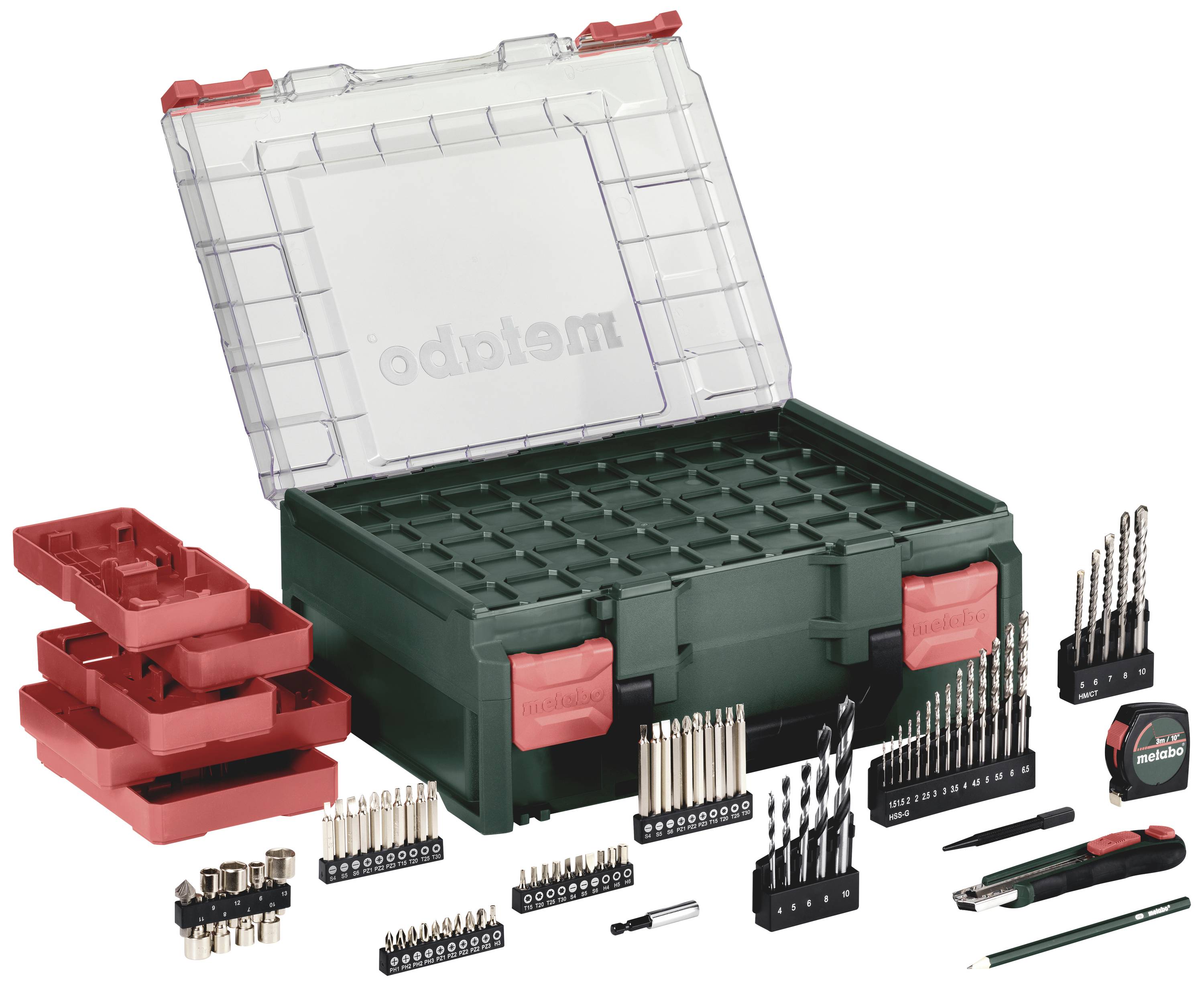 An open green toolbox with the 'metabo' logo, filled with various bits, drill bits, socket wrenches and a tape measure.