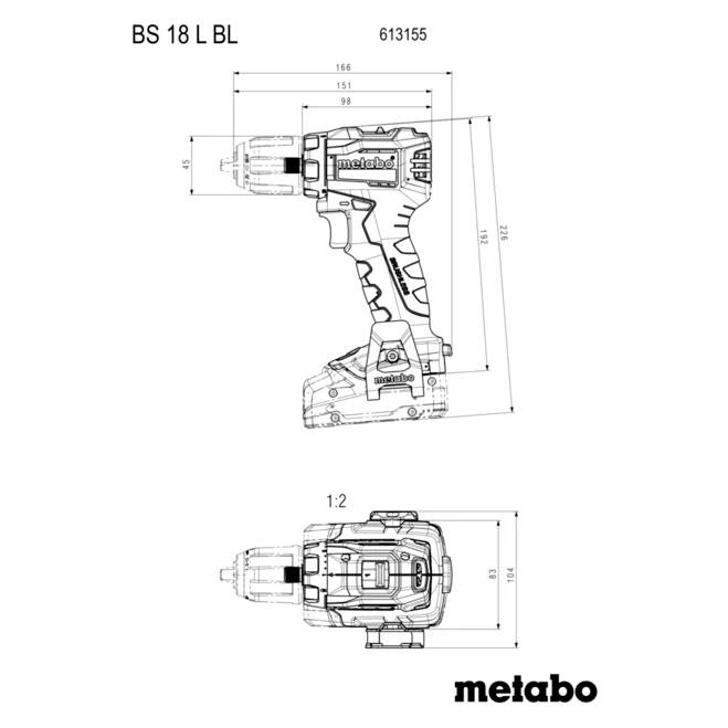 'Technical drawing of Metabo BS 18 L BL cordless drill with dimensions, model number 613155, side and top views shown.'