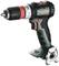Metabo cordless drill in green and black colours, with an ergonomic handle and metal chuck, placed on a white background.