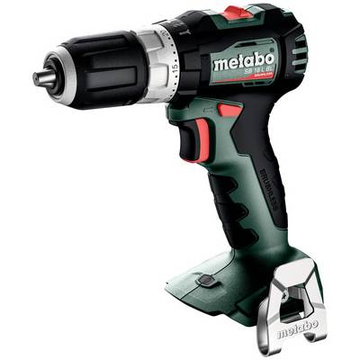 Black and green Metabo cordless drill with red accents and metal belt clip, shown on a white background.