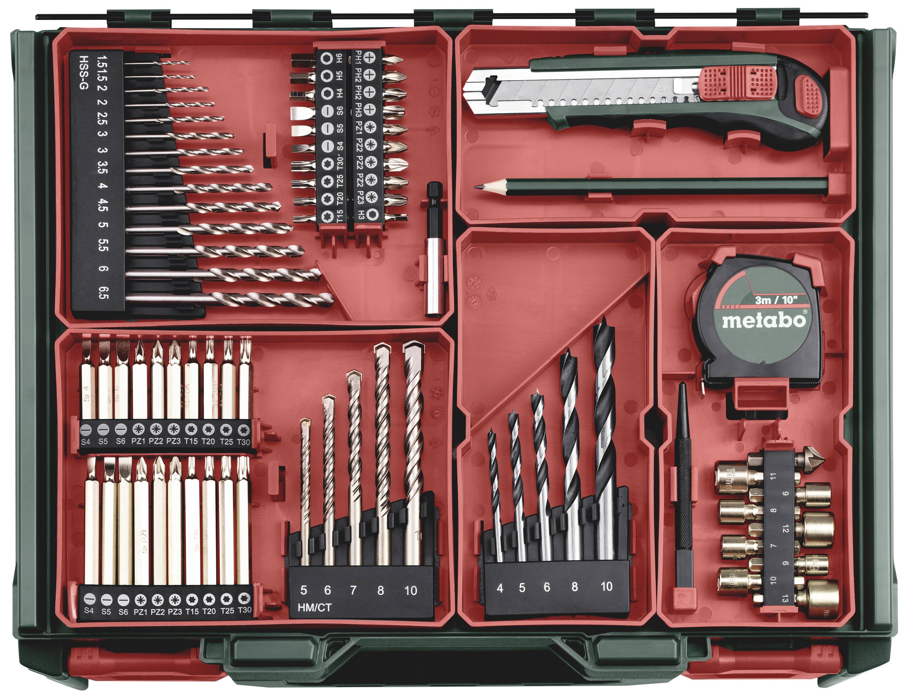 A toolbox with drill bits, pencil, tape measure and craft knife. Contains various drill bit sizes and socket attachments.