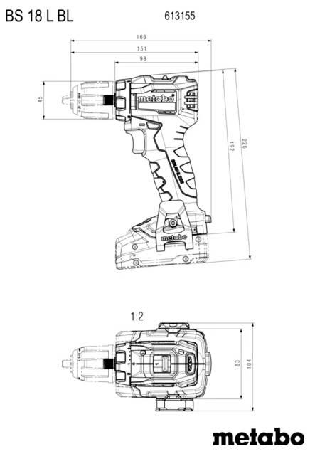 'Technical drawing of Metabo BS 18 L BL drill showing dimensions and model number 613155. Includes side and top views.'