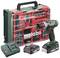 Cordless Drill Set with charger, two batteries and drill bit set in a green and red case. 'Metabo' brand name visible.