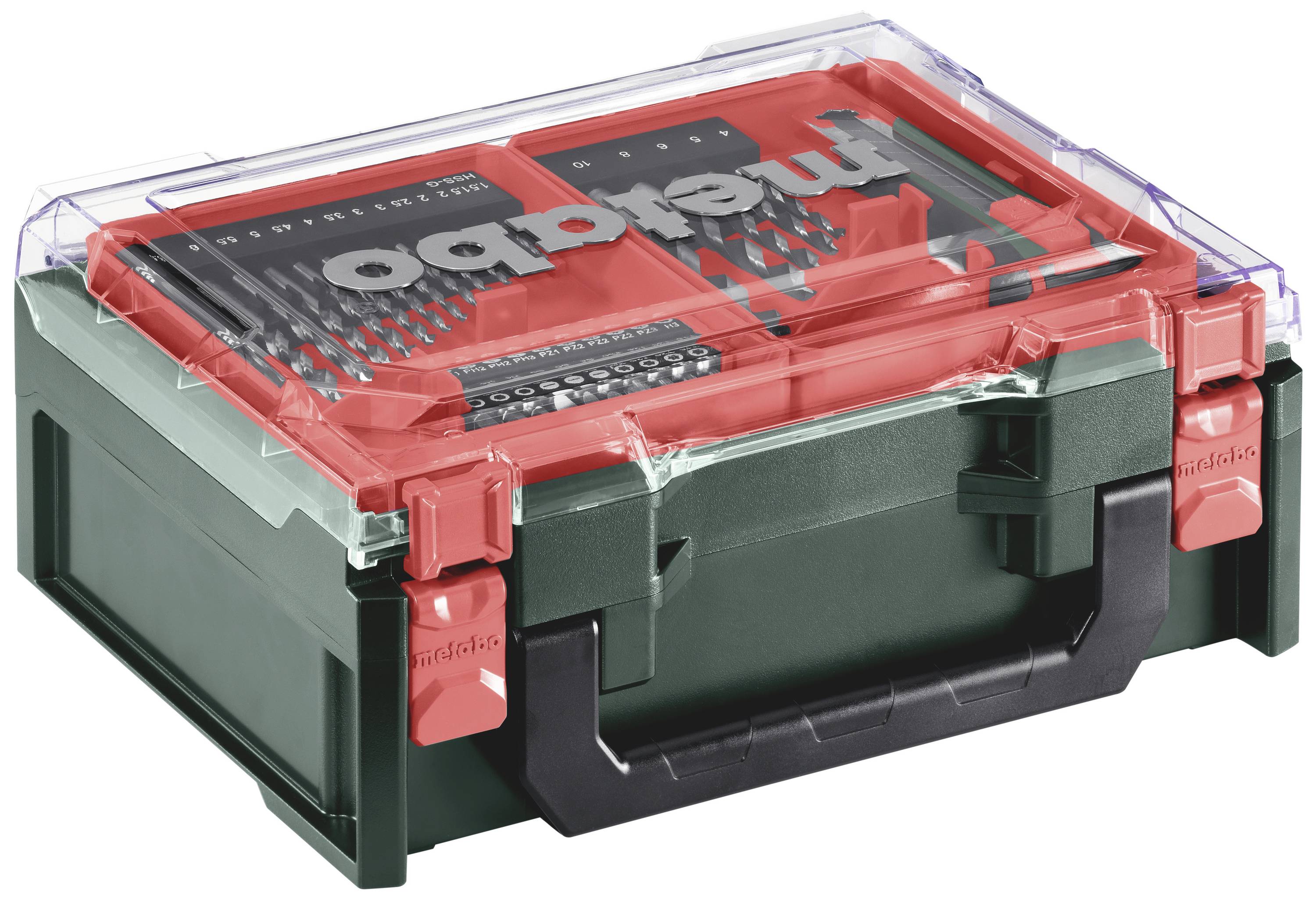 Closed tool case in green and red with a transparent lid, brand logo visible, containing various drill bits and driver bits.