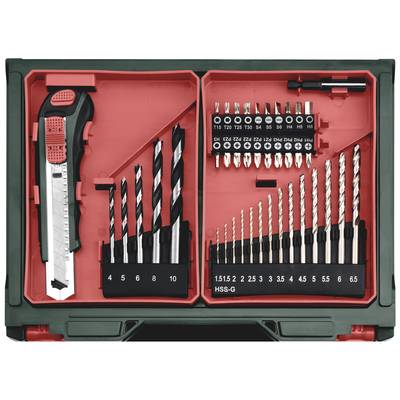 Tool case with a universal knife, various drill bits and screwdriver attachments in an orderly arrangement.